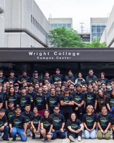 Students pose outside Wright College.