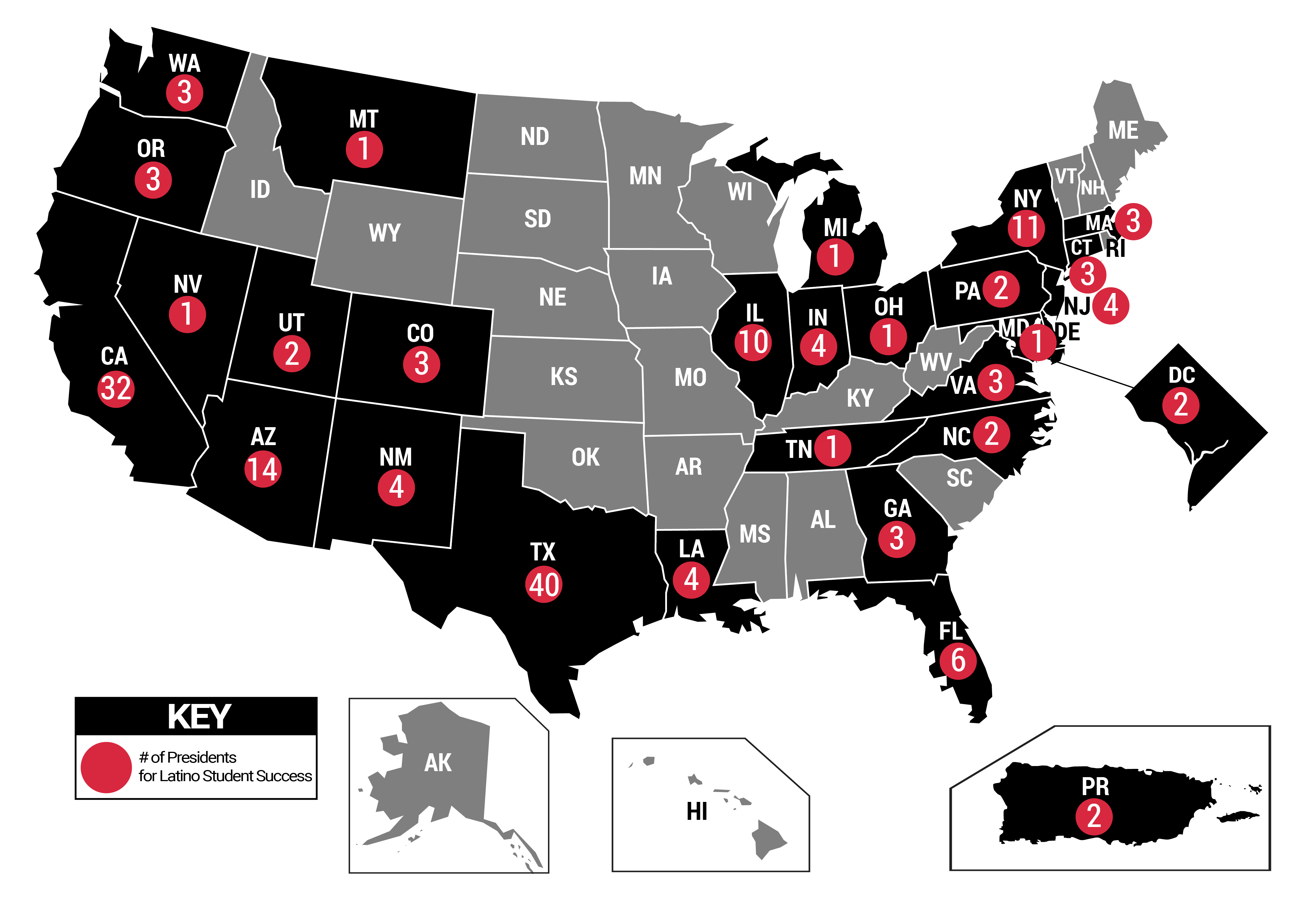 President For Latino Student Success Map - 166 institutions represented and 28 states